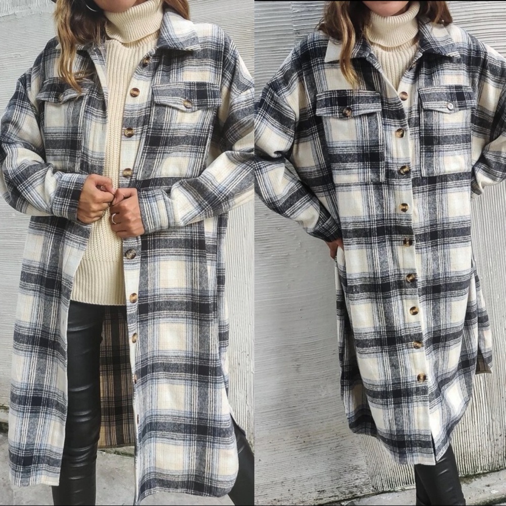 Cozy plaid Long button up jacket Shacket pockets oversized - Picture 3 of 5